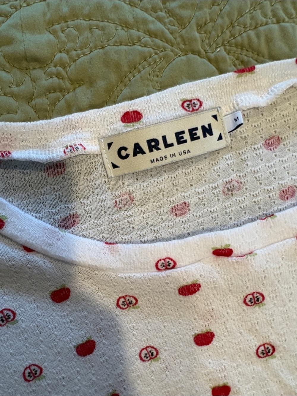 Carleen White Short Sleeve Tee with Red Apple Motif